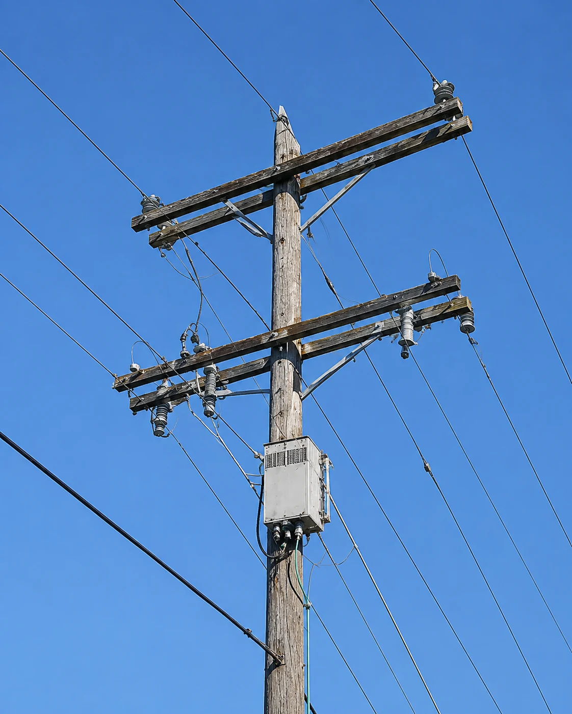 Utility pole, crossarms, equipment, and lines against a blue sky